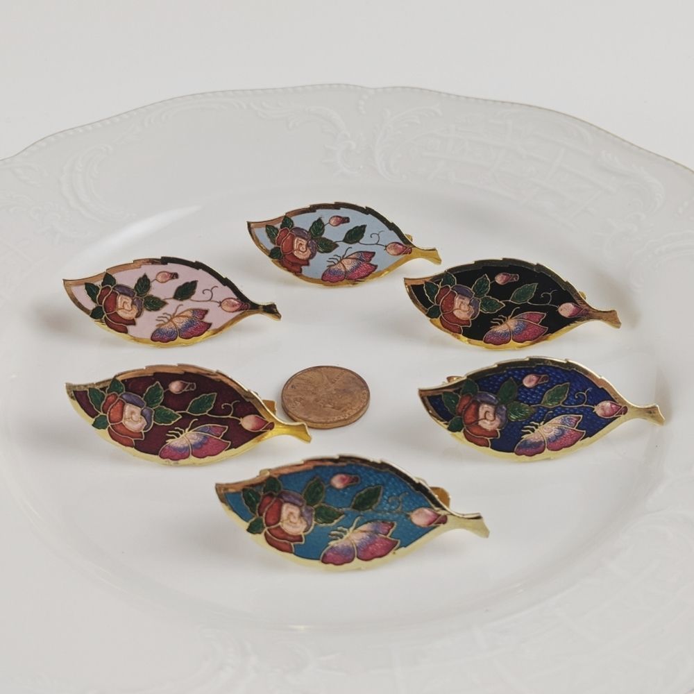 Vintage Cloisonne Leaf Shape Scarf Clips NWOT